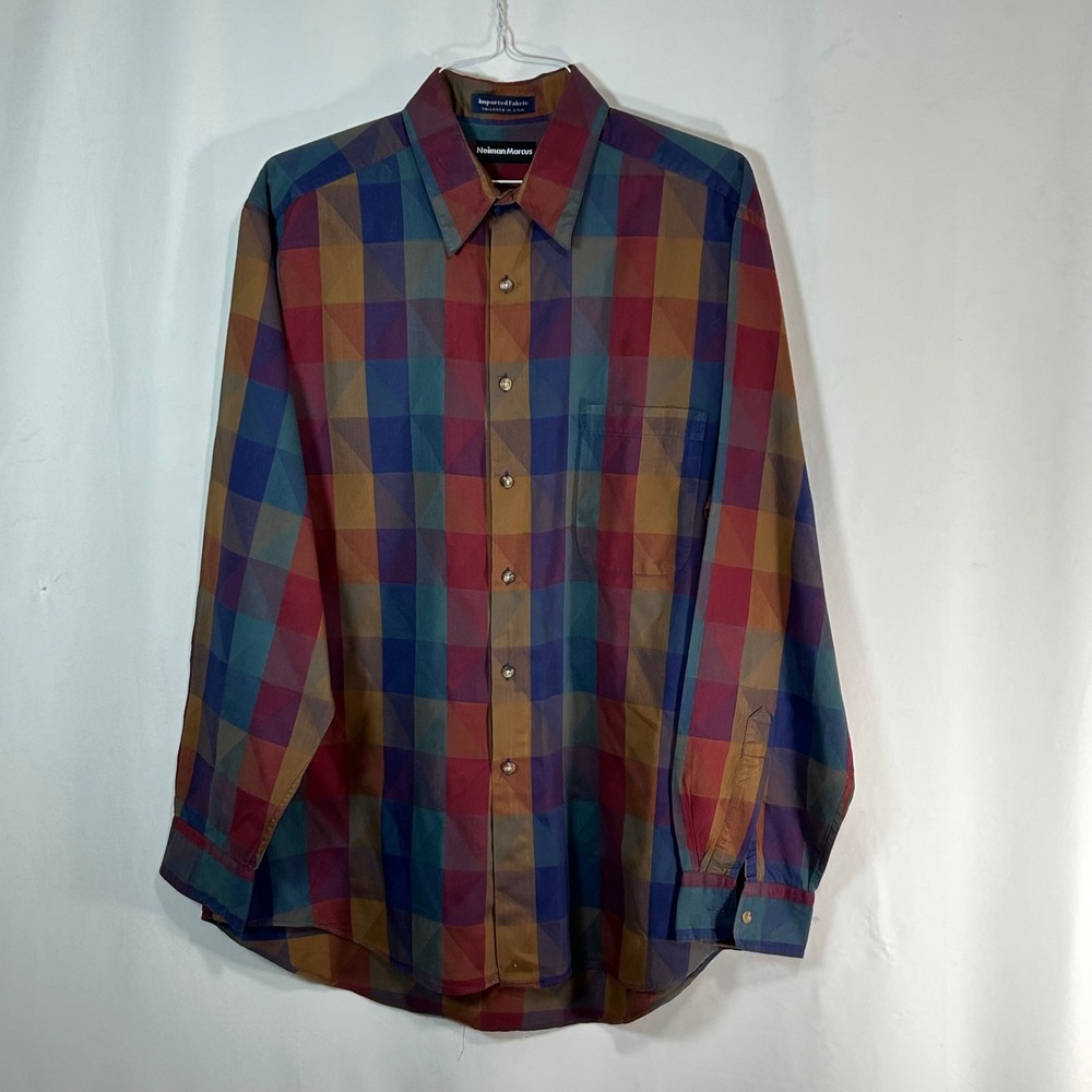 Neiman Marcus Mens Plaid Button‎ Down Shirt Imported Fabric Tailored USA Size L